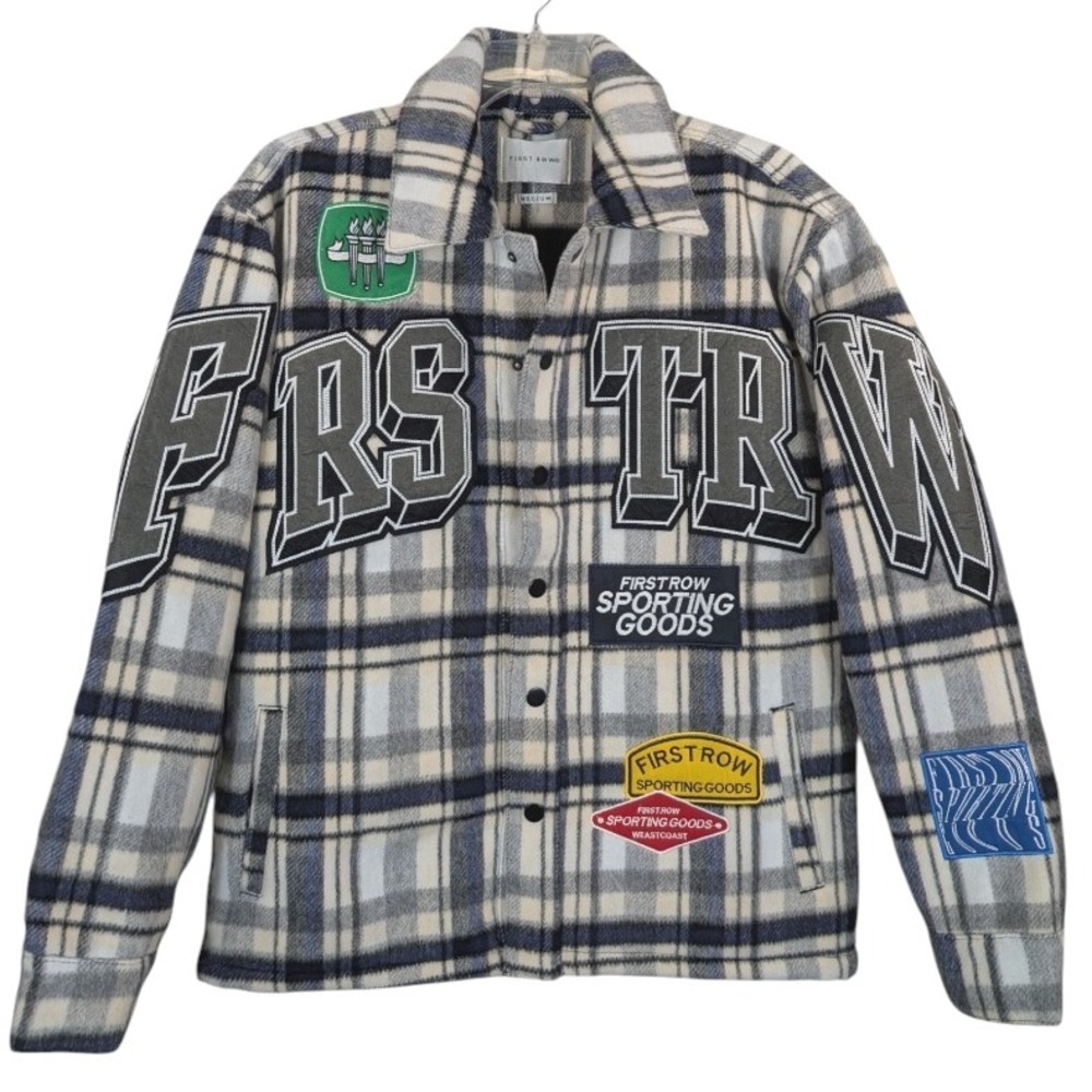 First‎ Row Sporting Logo Multi Patch Jacket Button Up Flannel Mens Medium